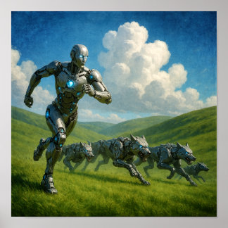 Cyborg and Robotic Wolves Running Poster