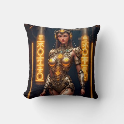 Cyborg Athena in Gold Throw Pillow