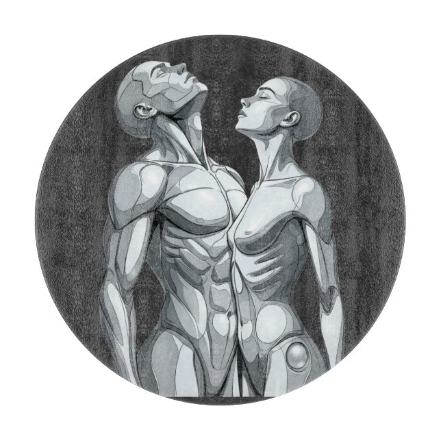 Cyborg Couple Round Glass Cutting Board (Front)
