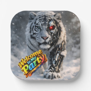 Cyborg tiger tech themed birthday party paper plat plates