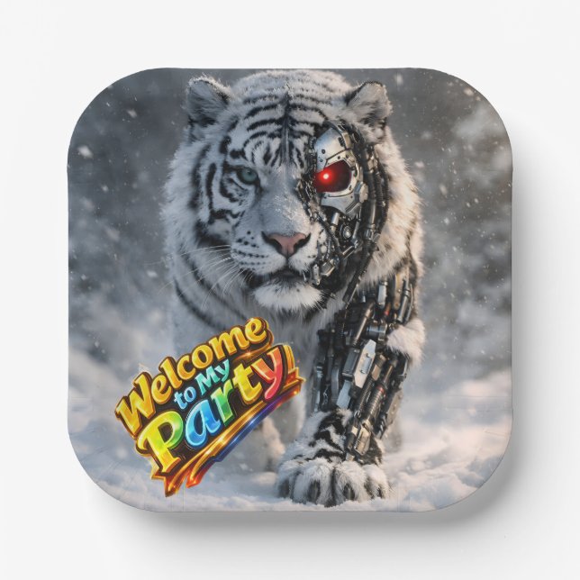 Cyborg tiger tech themed birthday party paper plat plates (Front)