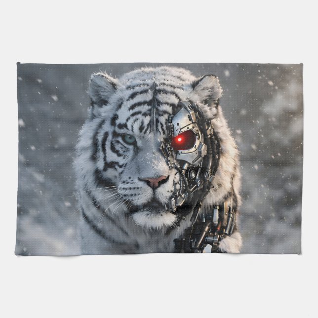 Cyborg white tiger kitchen towel, futuristic sci-f towel (Horizontal)