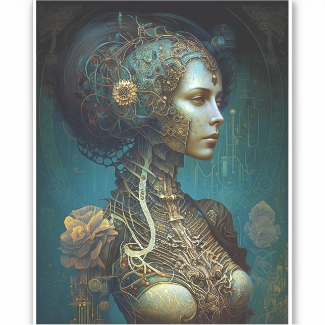 Cyborg Woman Fantasy Sci-Fi Art Sticker (Front)