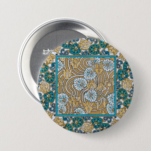 cyclamen blue art nouveau flower botanical button (Front & Back)