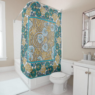 cyclamen blue art nouveau flower botanical shower curtain