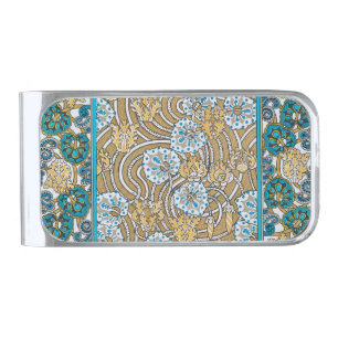 cyclamen blue art nouveau flower botanical silver finish money clip