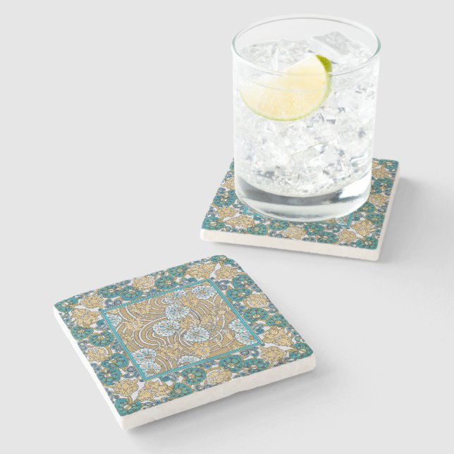 cyclamen blue art nouveau flower botanical stone coaster (Side)