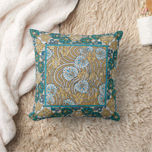 cyclamen blue art nouveau flower botanical throw pillow