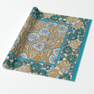 cyclamen blue art nouveau flower botanical wrapping paper