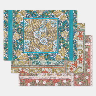 cyclamen blue art nouveau flower botanical wrapping paper sheets
