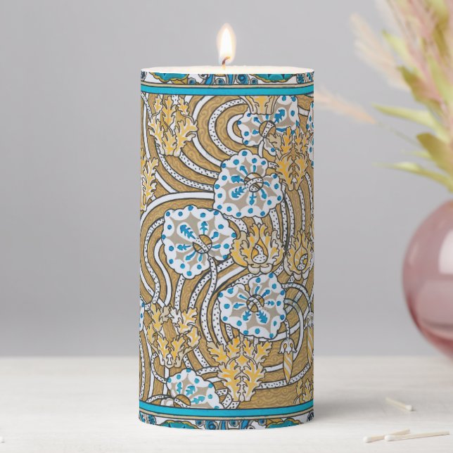 cyclamen blue art nouveau flower wallpaper  pillar candle (In Situ)
