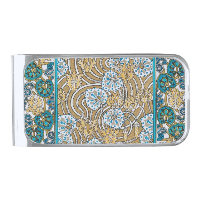 cyclamen blue art nouveau flower wallpaper  silver finish money clip (Front)