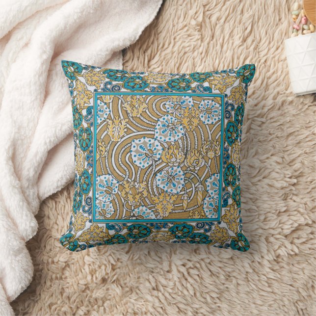cyclamen blue art nouveau flower wallpaper  throw pillow (Blanket)