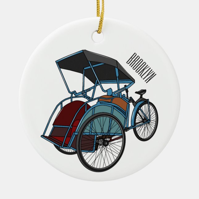 Cycle rickshaw cartoon illustration ceramic ornament (Front)