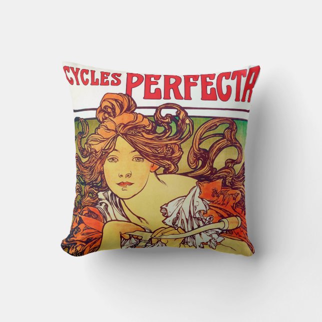 Cycles Perfecta, Mucha Throw Pillow (Front)