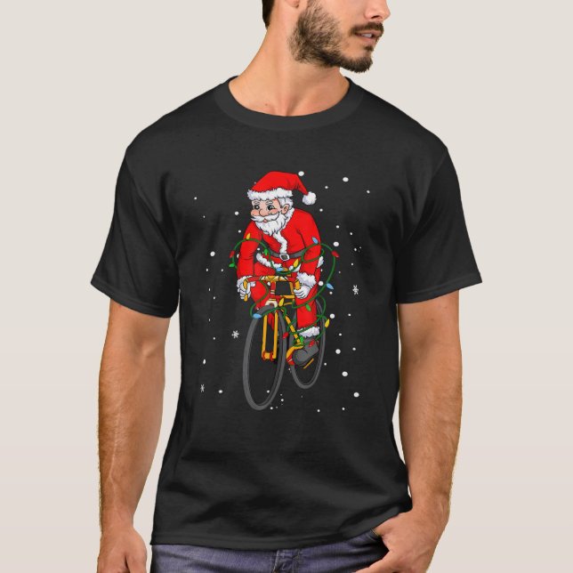 Cycling Bicycle Santa Claus Christmas Tree Lights T-Shirt (Front)