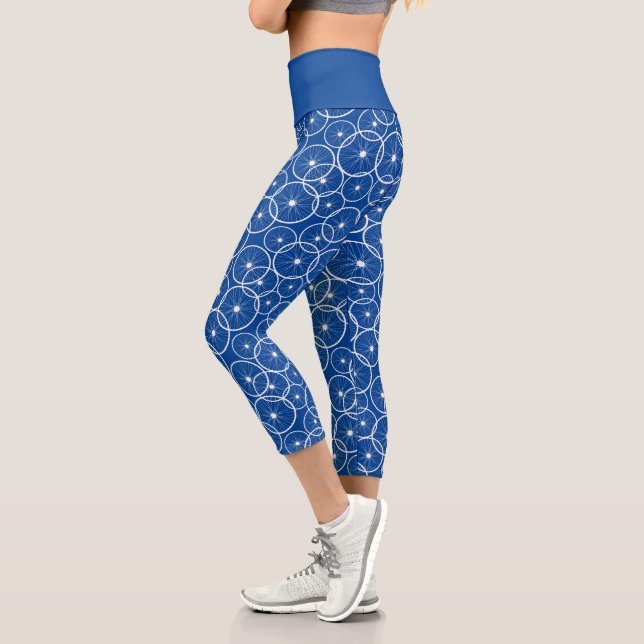 Cycling Bike Wheels Blue White Patterned Capri Leggings (Left)