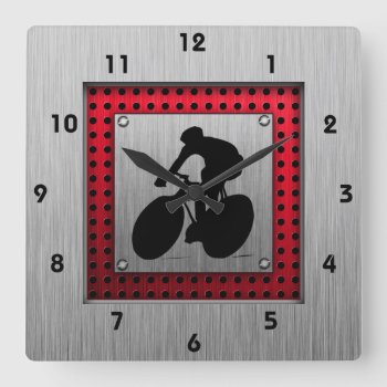 Cycling; Brushed Metal Look Square Wall Clock by SportsWare at Zazzle