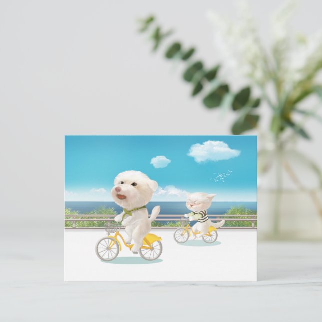Cycling by the Sea: Smiling Bichon & Bao Bao Art Announcement Postcard (Standing Front)