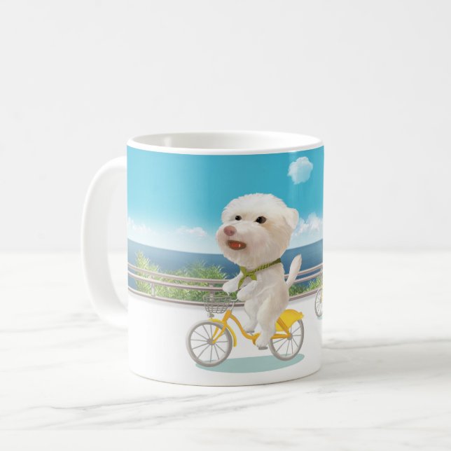 Cycling by the Sea: Smiling Bichon & Bao Bao Art Coffee Mug (Front Left)