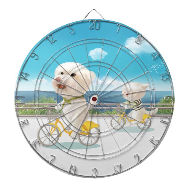 Cycling by the Sea: Smiling Bichon & Bao Bao Art Dart Board (Front)