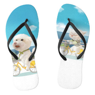 Cycling by the Sea: Smiling Bichon & Bao Bao Art Flip Flops