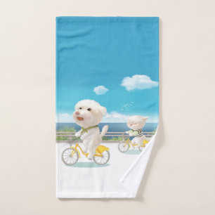 Cycling by the Sea: Smiling Bichon & Bao Bao Art Hand Towel