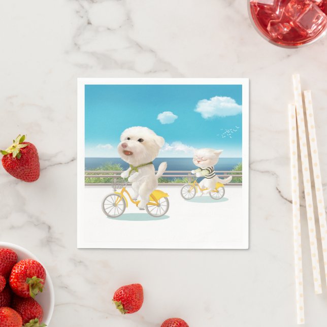 Cycling by the Sea: Smiling Bichon & Bao Bao Art Napkins (Insitu)