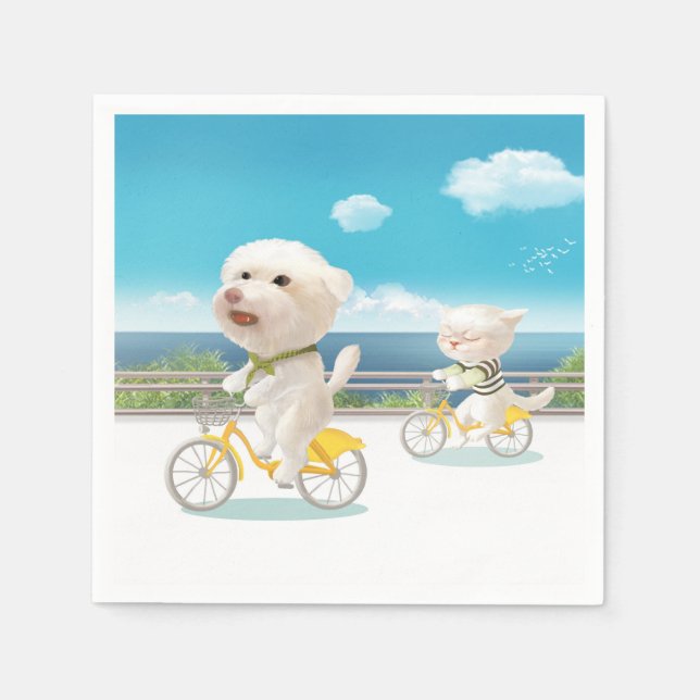 Cycling by the Sea: Smiling Bichon & Bao Bao Art Napkins (Front)