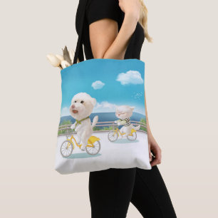 Cycling by the Sea: Smiling Bichon & Bao Bao Art Tote Bag