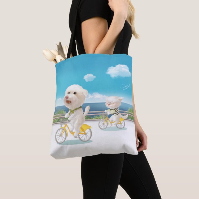 Cycling by the Sea: Smiling Bichon & Bao Bao Art Tote Bag (Close Up)