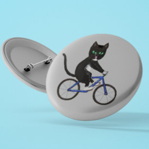 Cycling cat on a bike Black and white cat Button