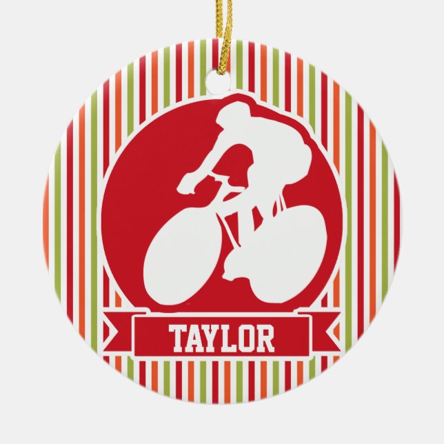 Cycling, Cyclist; Red, Orange Green Stripes Ceramic Ornament (Front)