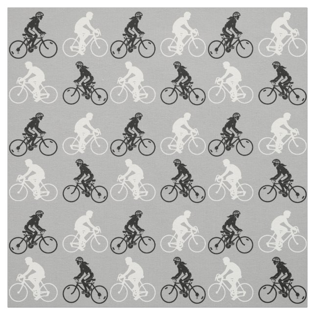 Cycling Cyclists Silhouette Pattern Black White Fabric (Swatch)