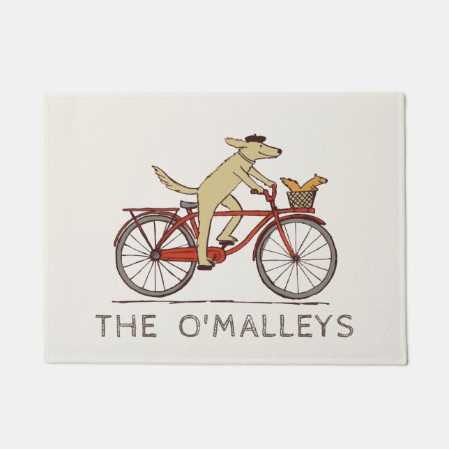 Cycling Dog and Squirrel Fun Personalized Doormat (Front)