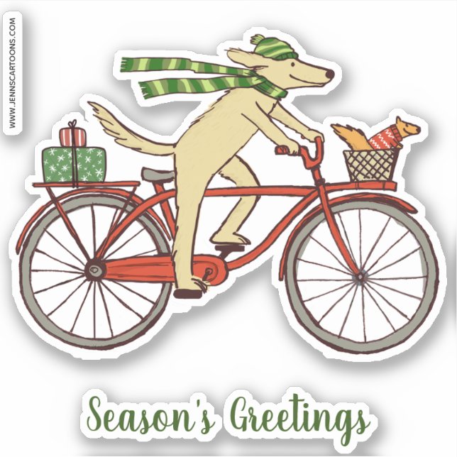 Cycling Dog and Squirrel Season's Greetings Cute Sticker (Front)