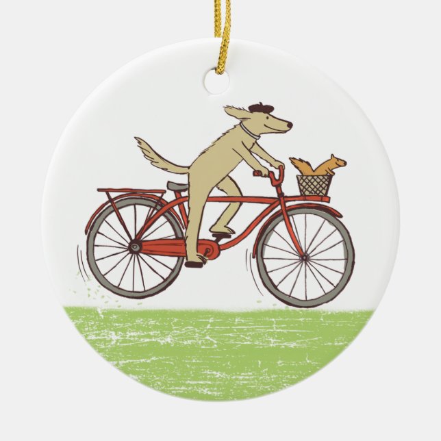 Cycling Dog and Squirrel Whimsical Animal Art Ceramic Ornament (Front)
