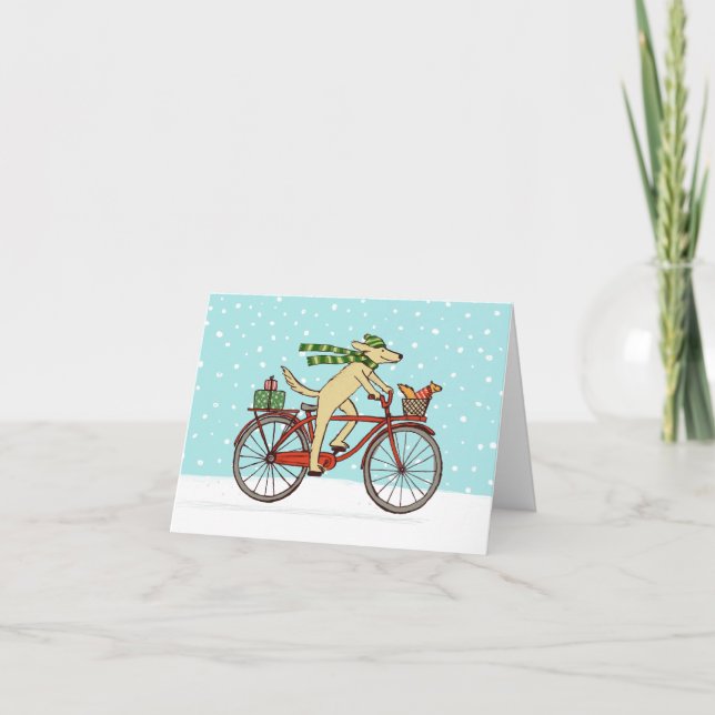 Cycling Dog and Squirrel Whimsical Happy Holiday Card (Front)