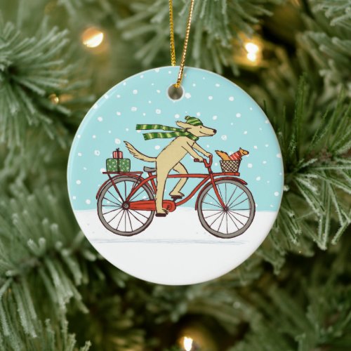 Cycling Dog and Squirrel Whimsical Winter Holiday Ceramic Ornament