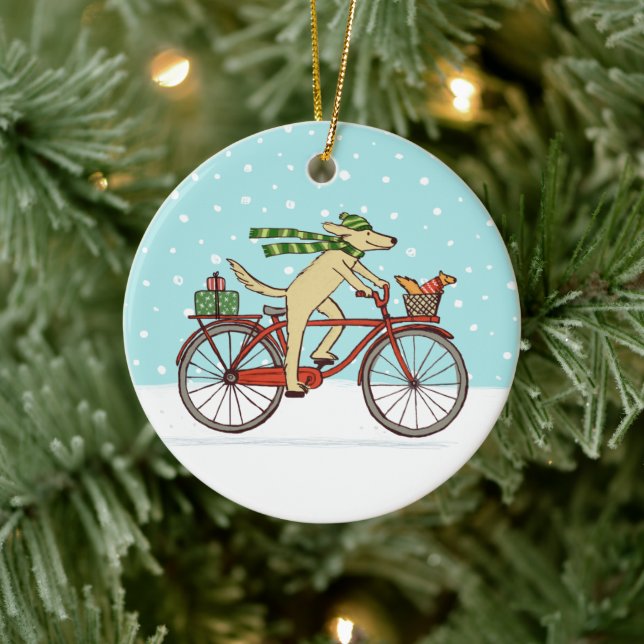 Cycling Dog and Squirrel Whimsical Winter Holiday Ceramic Ornament (Tree)