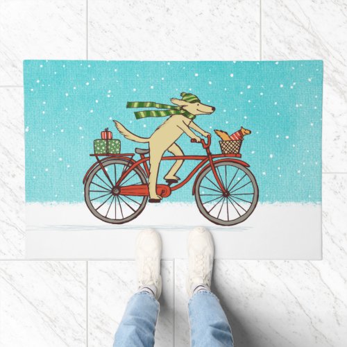 Cycling Dog and Squirrel Whimsical Winter Holiday Doormat
