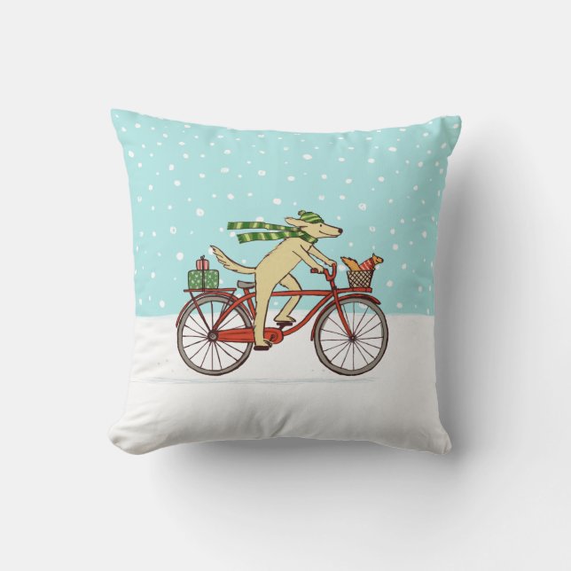 Cycling Dog and Squirrel Whimsical Winter Holiday Throw Pillow (Front)