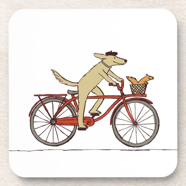 Cycling Dog with Squirrel Friend - Fun Animal Art Beverage Coaster (Front)