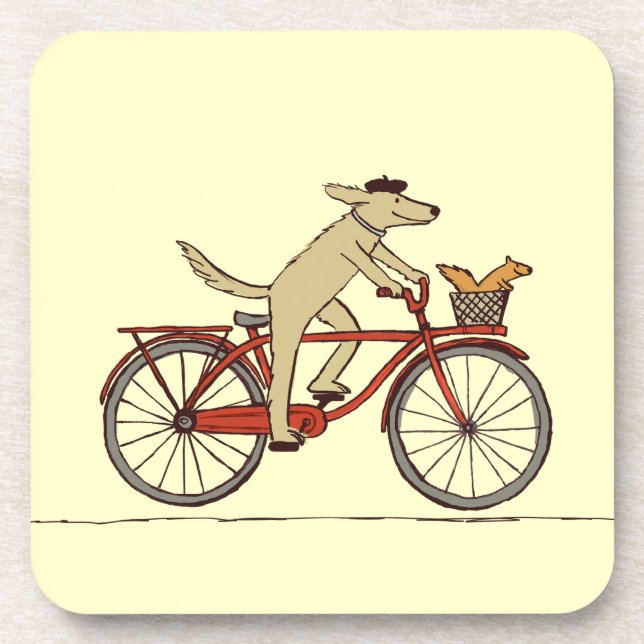 Cycling Dog with Squirrel Friend - Fun Animal Art Drink Coaster (Front)