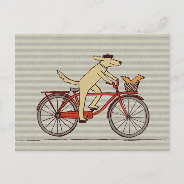 Cycling Dog with Squirrel Friend - Fun Animal Art Postcard (Front)