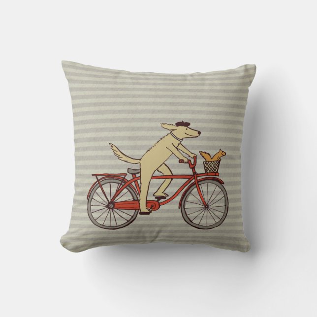 Cycling Dog with Squirrel Friend - Fun Animal Art Throw Pillow (Front)
