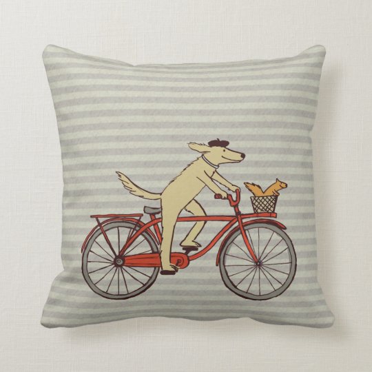 Cycling Dog with Squirrel Friend Fun Animal Art Throw Pillow