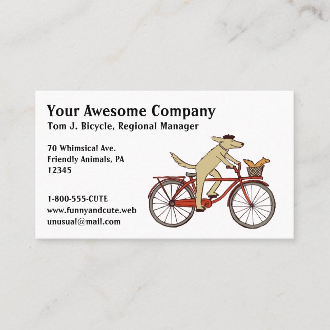Cycling Dog with Squirrel Friend - Whimsical Art Business Card (Front)