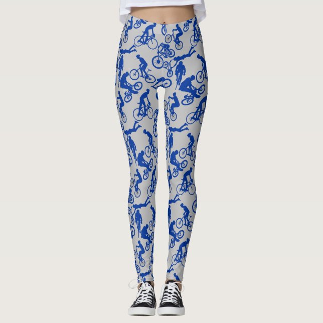 Cycling Freestyles Pattern.w x4 LGrey BG Leggings (Front)