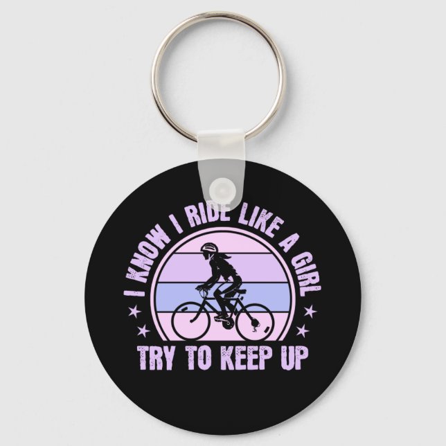 Cycling Girl Try to Keep Up Retro Bicycle Keychain (Front)